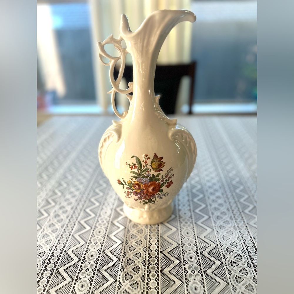 Capodimonte Vintage Style Porcelain Flowal Large Pitcher Vase 14" tall
